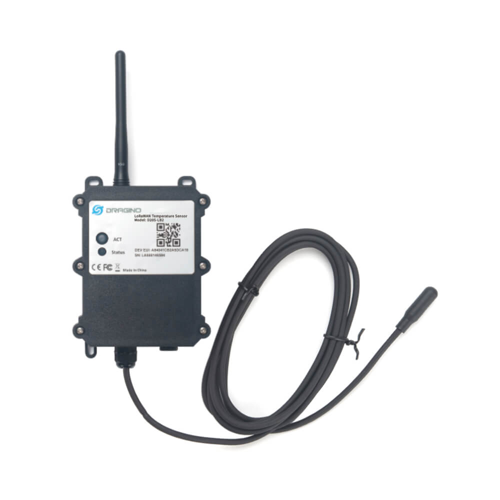 Dragino D20S NB-IoT cellular temperature and humidity sensor with IP66 rugged enclosure.