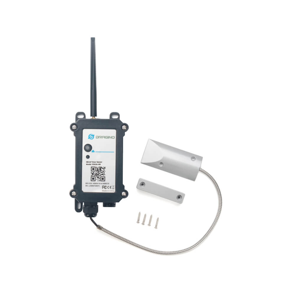 Dragino DS03A NB-IoT cellular door sensor with magnetic contact and weatherproof enclosure.