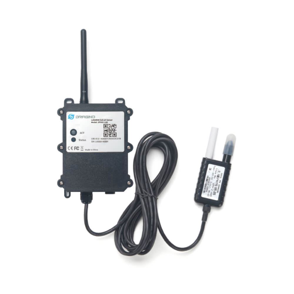 Dragino SPH01 LoRaWAN Soil pH and Temperature sensor with industrial IP68 waterproof probe for agricultural soil monitoring.