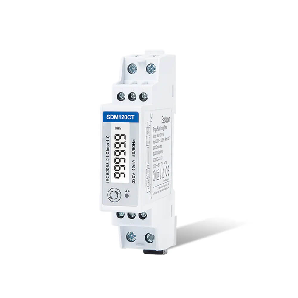 Eastron SDM120CT Series DIN rail single phase energy meter with Modbus, M-Bus, and Pulse output options.