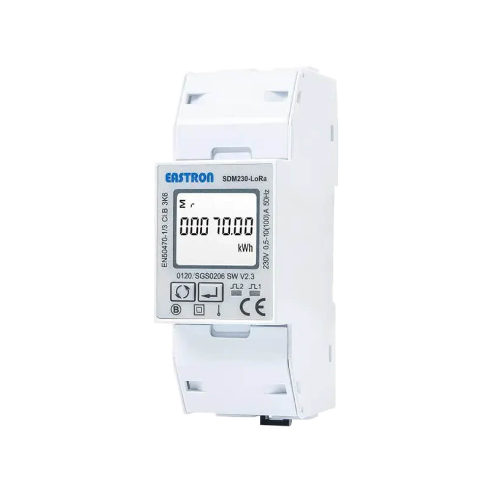 Eastron SDM230-LoRa single-phase LoRaWAN energy meter with 100A direct connection and MID certification.