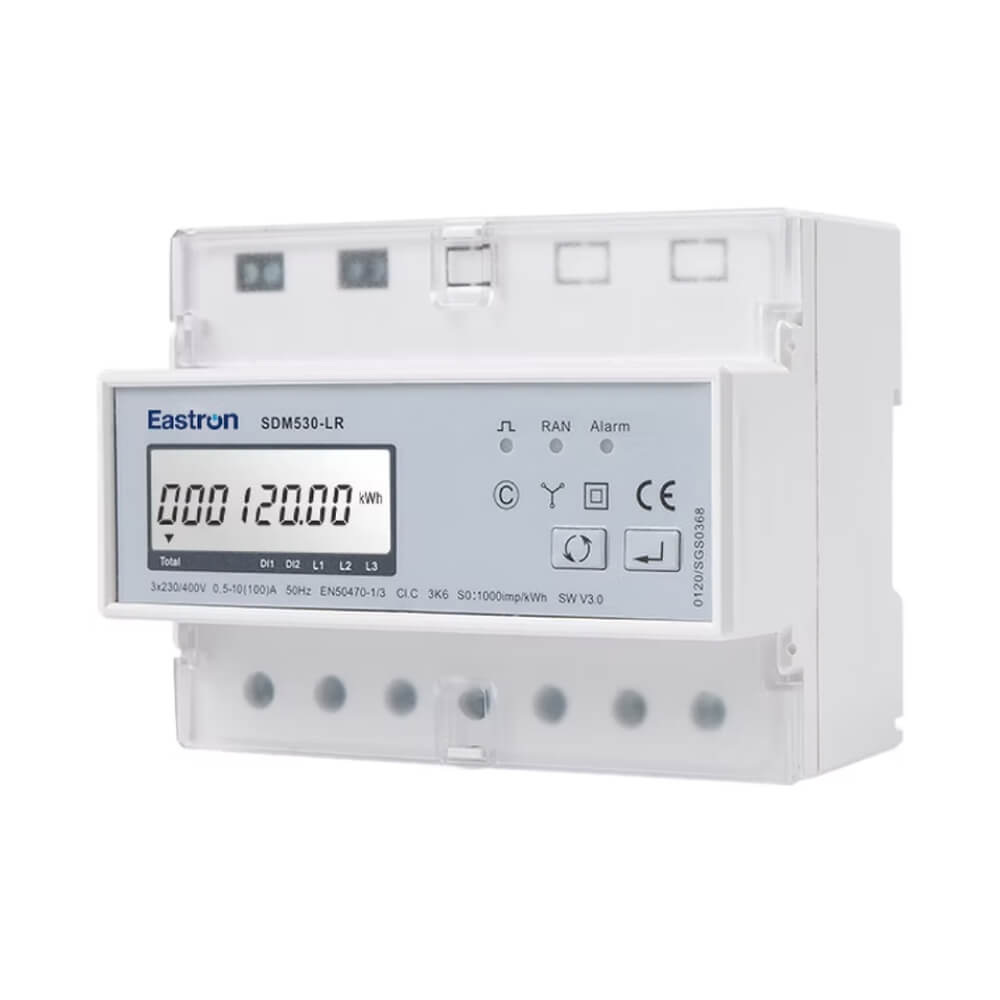 Eastron SDM530-LR LoRaWAN three-phase multifunction energy meter with 100A direct connection and remote relay control.