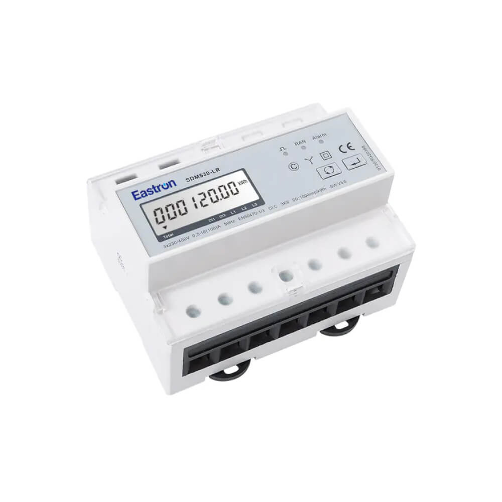 Eastron SDM530-LR LoRaWAN three-phase multifunction energy meter with 100A direct connection and remote relay control.