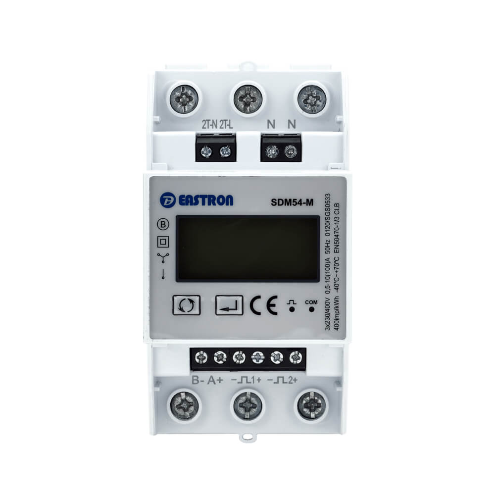 Eastron SDM54-M MID-certified three-phase 100A direct fed smart energy meter with RS485 Modbus.