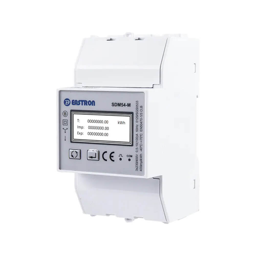 Eastron SDM54-M MID-certified three-phase 100A direct fed smart energy meter with RS485 Modbus.
