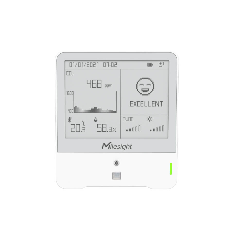 Milesight AM307 indoor ambience sensor with E-ink display monitoring CO2, TVOC, pressure, light, motion, temperature, and humidity.