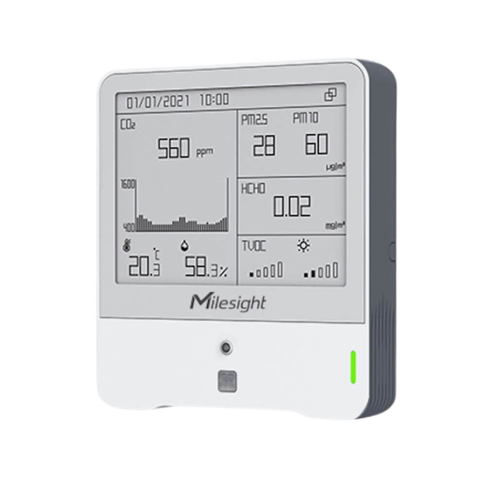 Milesight AM319 LoRaWAN 9-in-1 indoor ambience monitoring sensor featuring Ozone (O3) detection and E-ink display.