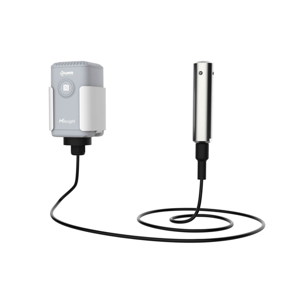Milesight EM500-SWL submersible LoRaWAN liquid level sensor with stainless steel pressure probe and IP67 transceiver.