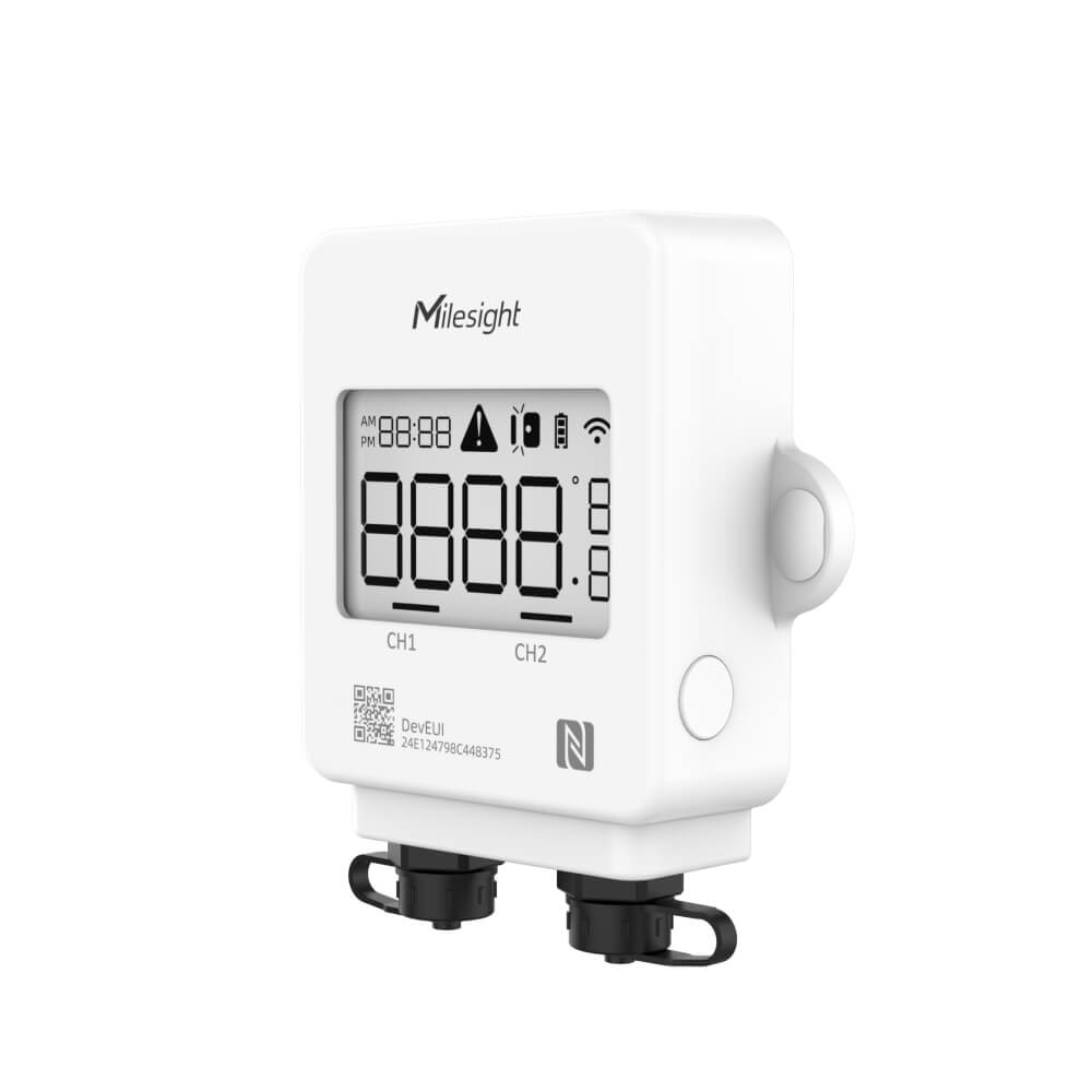 Milesight TS302 dual-channel LoRaWAN temperature sensor with LCD display and support for two PT100 probes.