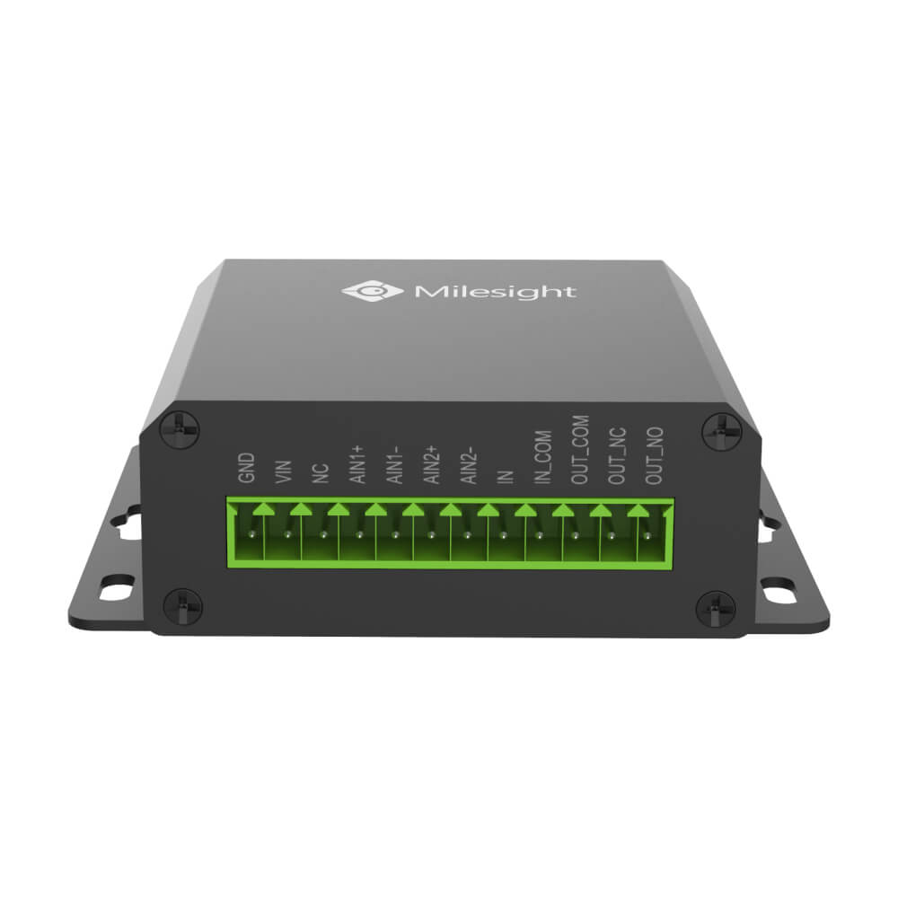 Milesight UC3414 cellular remote I/O controller with digital inputs, relay outputs, and RS485/RS232 serial ports.