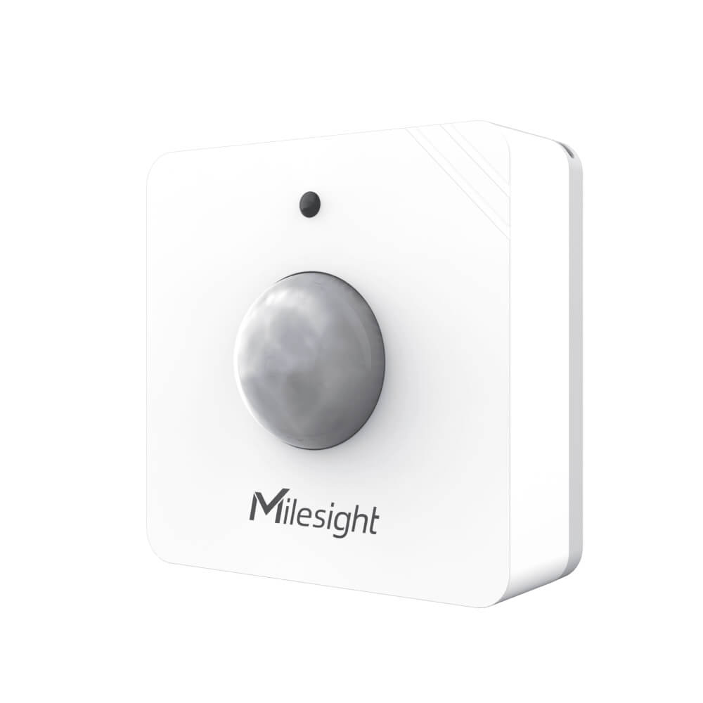 Milesight WS202 LoRaWAN PIR motion and light sensor with compact white enclosure for indoor occupancy monitoring.