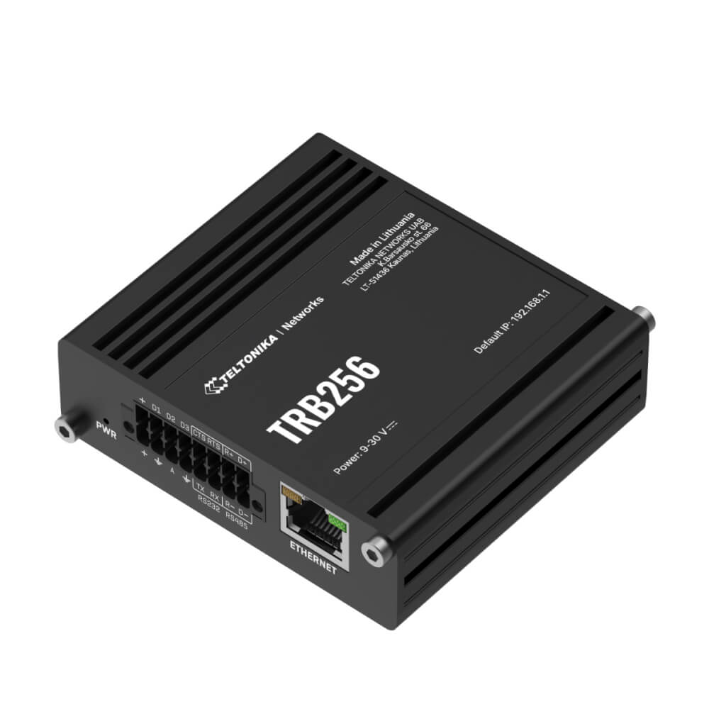 Teltonika TRB256 industrial M2M gateway featuring NB-IoT, LTE-M, 450MHz support, and multiple industrial interfaces.