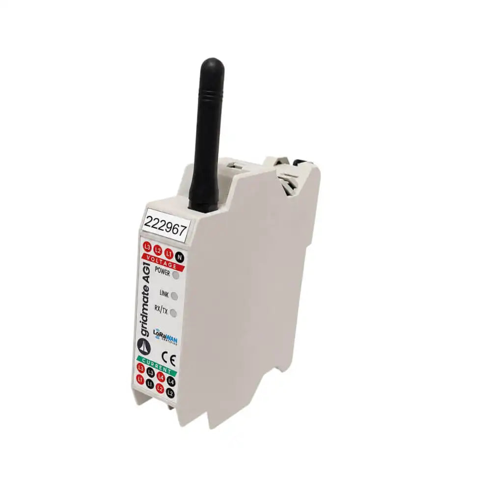 AdvanGrid Gridmate LoRaWAN 3-Phase Energy Monitoring Sensor with DIN Rail Mounting and Split-Core Current Transformers for Industrial Sub-Metering.