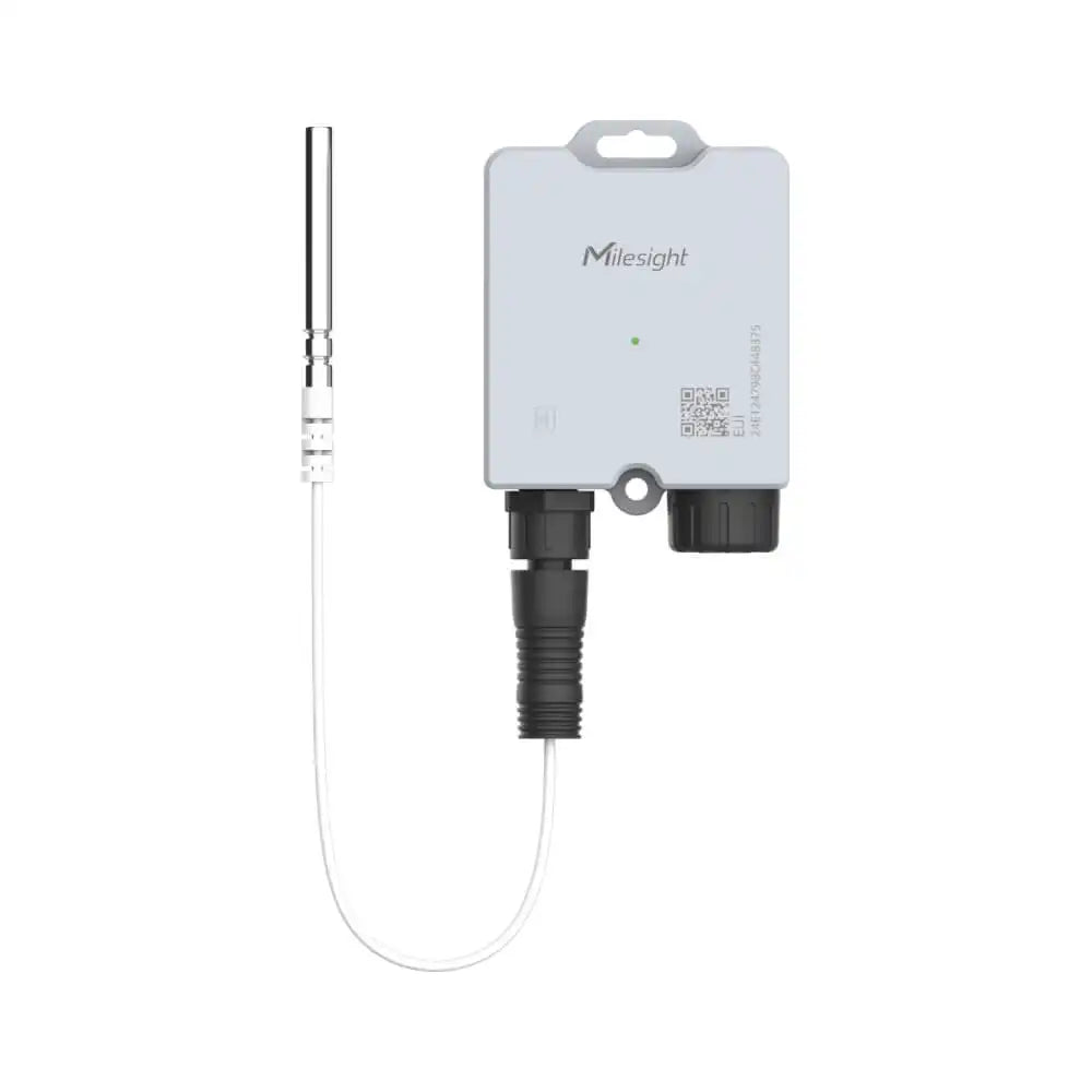Milesight TS201 LoRaWAN Temperature Sensor with DS18B20 Probe, IP67 Waterproof Enclosure and NFC Configuration for Cold Chain and Industrial Monitoring.