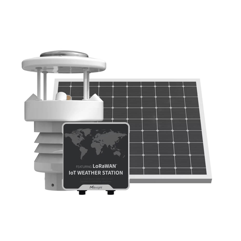 Milesight WTS506 LoRaWAN IoT Weather Station featuring an all-in-one sensor structure, WTS Hub, and 15W solar panel kit.