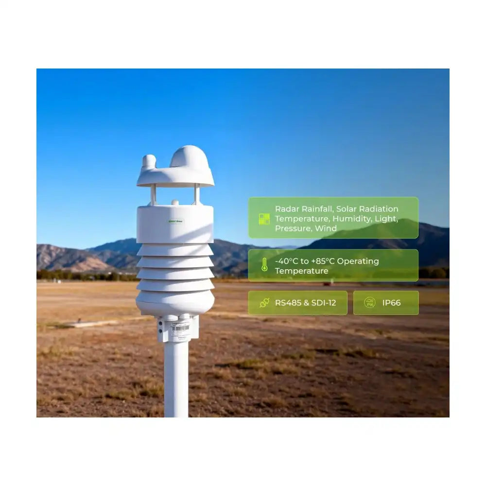 Seeed Studio SenseCAP S700-C 7-in-1 Compact Weather Station with Pyranometer, Radar Rain Sensor, Ultrasonic Wind Measurement, RS485 and SDI-12 Output, IP66 Rated for Outdoor and Agricultural Use.