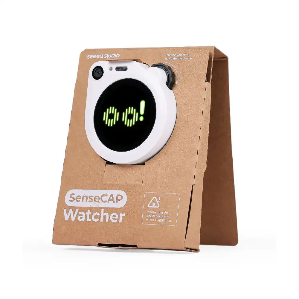 Seeed Studio SenseCAP Watcher W1-B Physical AI Agent with White Enclosure, ESP32-S3, Himax HX6538 AI Chip, 120° Camera, Touchscreen, Wi-Fi and Bluetooth for Smart Space Monitoring.