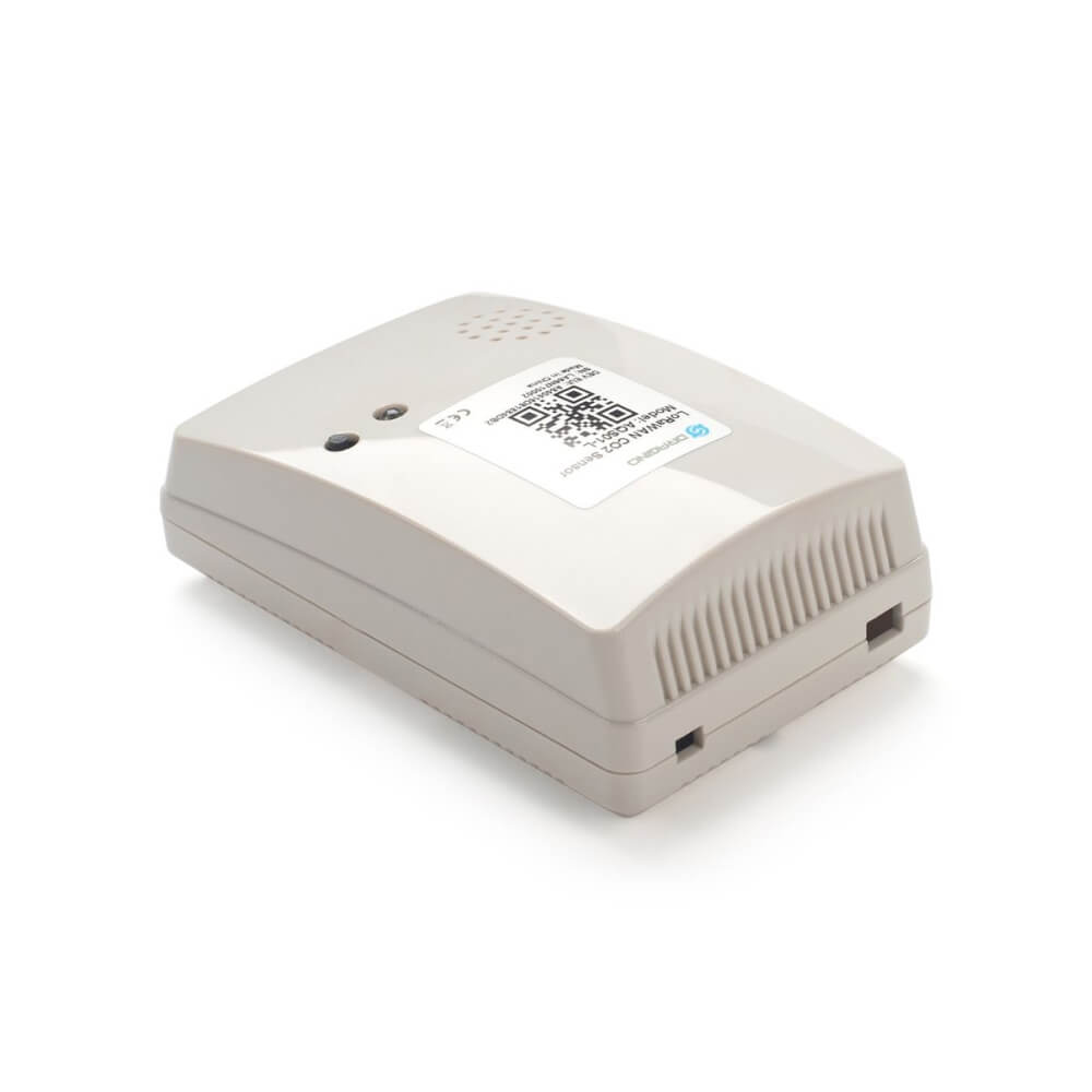 Dragino AQS01-L Indoor LoRaWAN Air Quality Sensor measuring CO2, temperature, humidity, and air pressure.