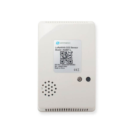 Dragino AQS01-L Indoor LoRaWAN Air Quality Sensor measuring CO2, temperature, humidity, and air pressure.