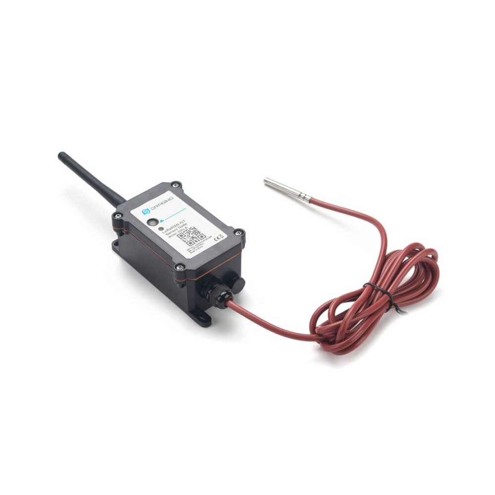 Dragino D20 NB-IoT cellular temperature sensor with stainless steel probe and IP66 enclosure.