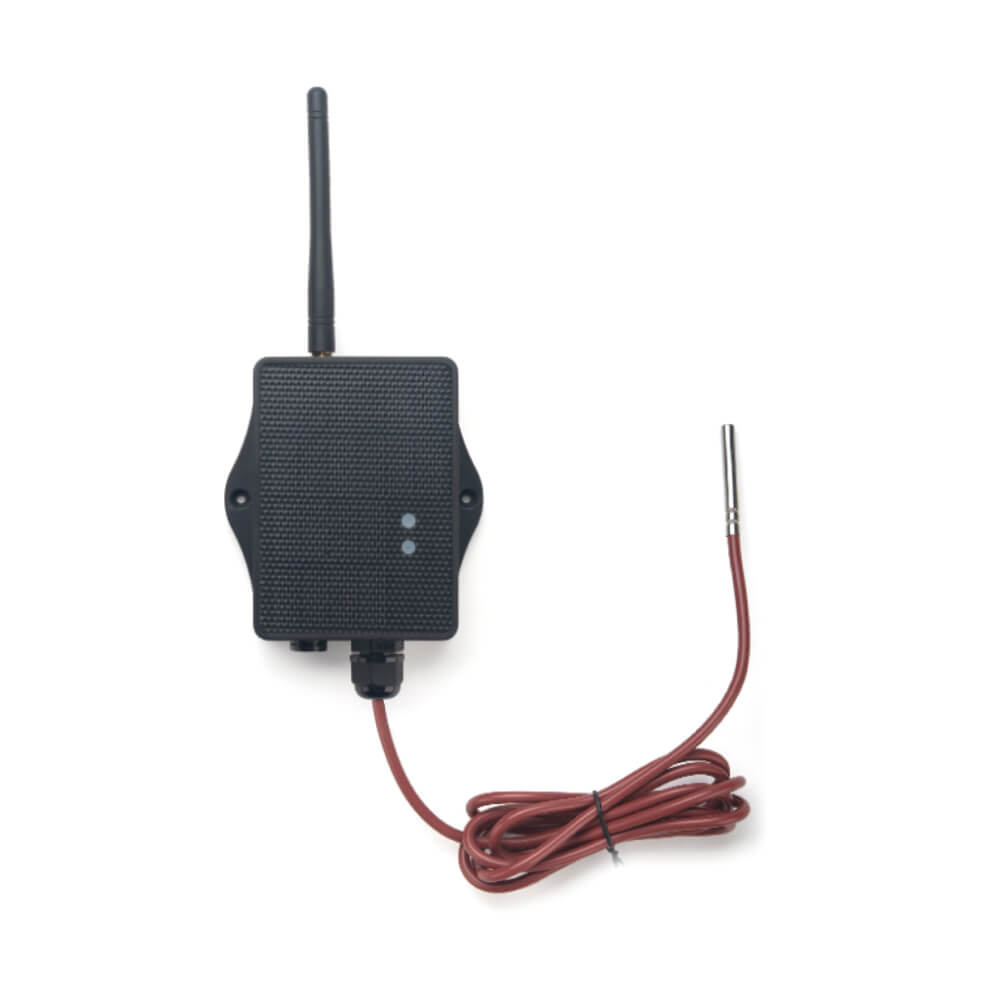 Dragino D20 NB-IoT cellular temperature sensor with stainless steel probe and IP66 enclosure.