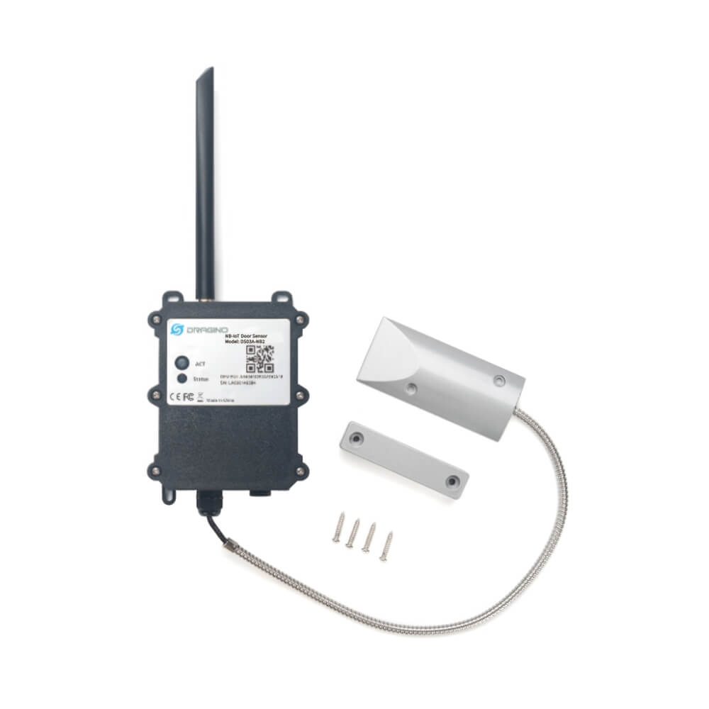 Dragino DS03A NB-IoT cellular door sensor with magnetic contact and weatherproof enclosure.