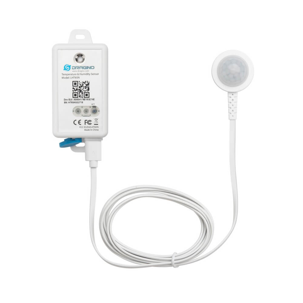 Dragino LHT65N-PIR LoRaWAN sensor with built-in temperature and humidity monitoring and external PIR motion probe.