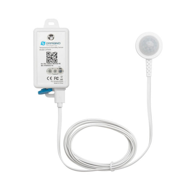 Dragino LHT65N-PIR LoRaWAN sensor with built-in temperature and humidity monitoring and external PIR motion probe.