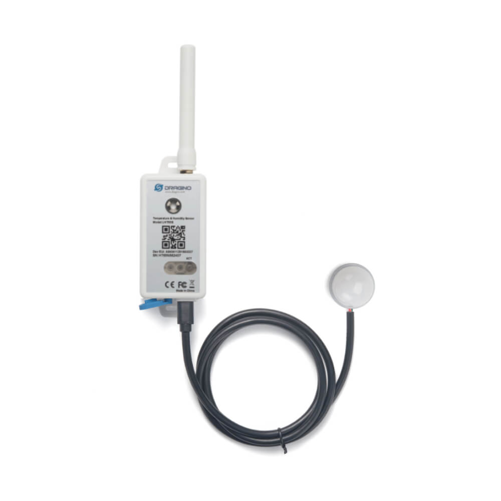 Dragino LHT65S-E5 LoRaWAN sensor with built-in temperature and humidity monitoring and external illuminance probe.