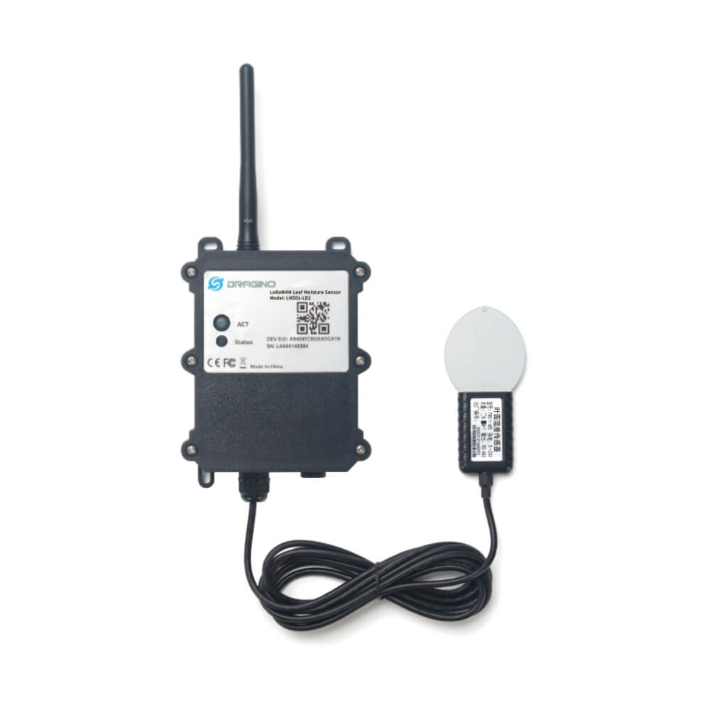 Dragino LMS01 LoRaWAN leaf moisture and temperature sensor for precision agriculture and frost monitoring.