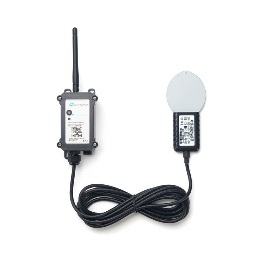 Dragino LMS01 LoRaWAN leaf moisture and temperature sensor for precision agriculture and frost monitoring.