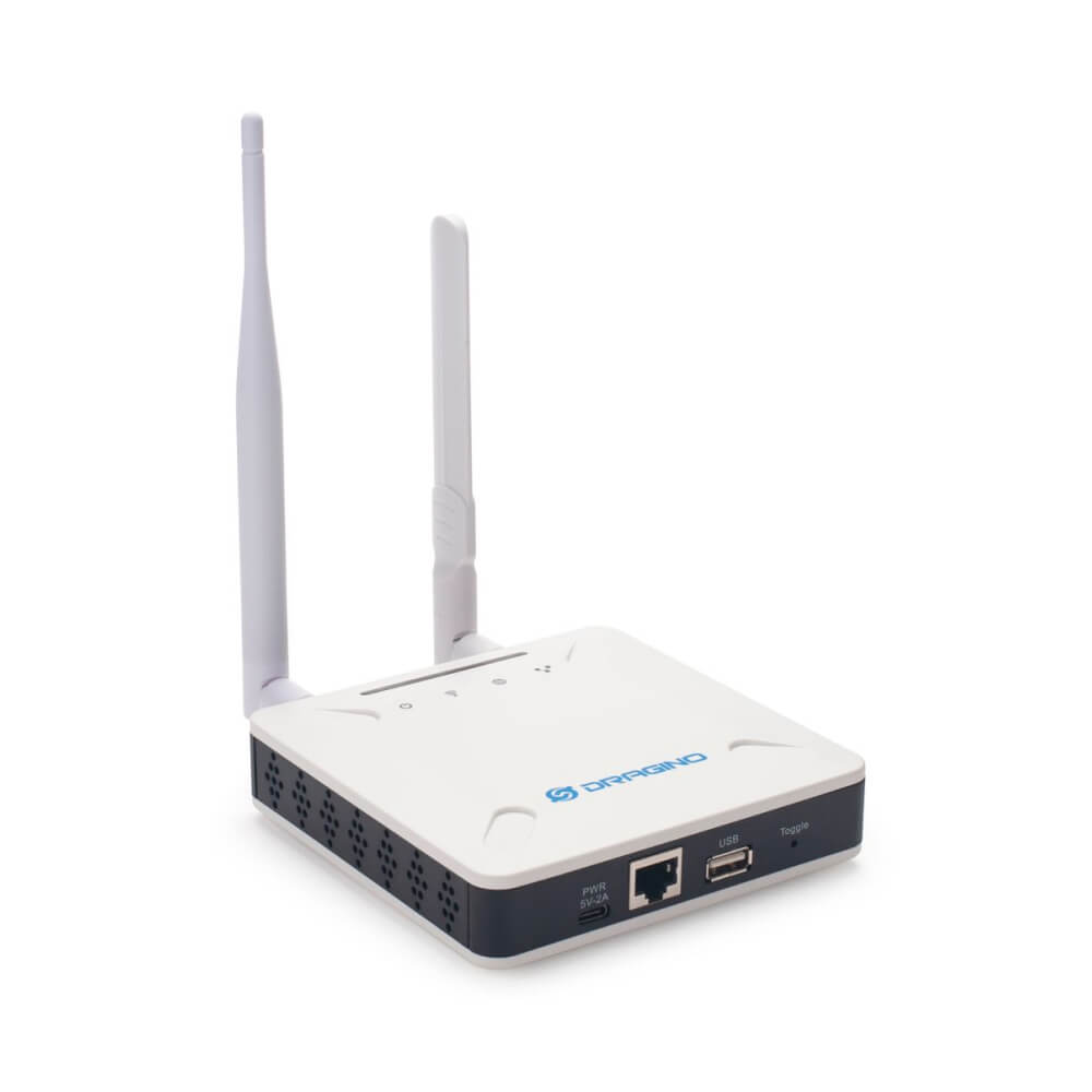 Dragino LPS8N Indoor LoRaWAN Gateway with WiFi, Ethernet, and optional 4G LTE connectivity.