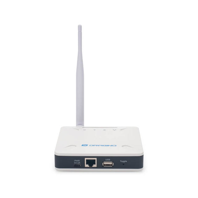 Dragino LPS8v2 indoor LoRaWAN gateway with dual antennas supporting Wi-Fi, Ethernet, and optional 4G backhaul.