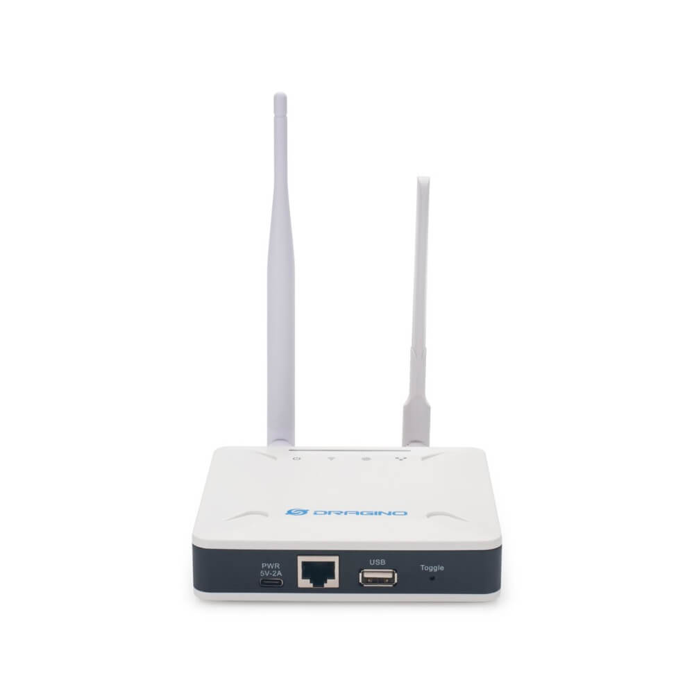 Dragino LPS8v2 indoor LoRaWAN gateway with dual antennas supporting Wi-Fi, Ethernet, and optional 4G backhaul.