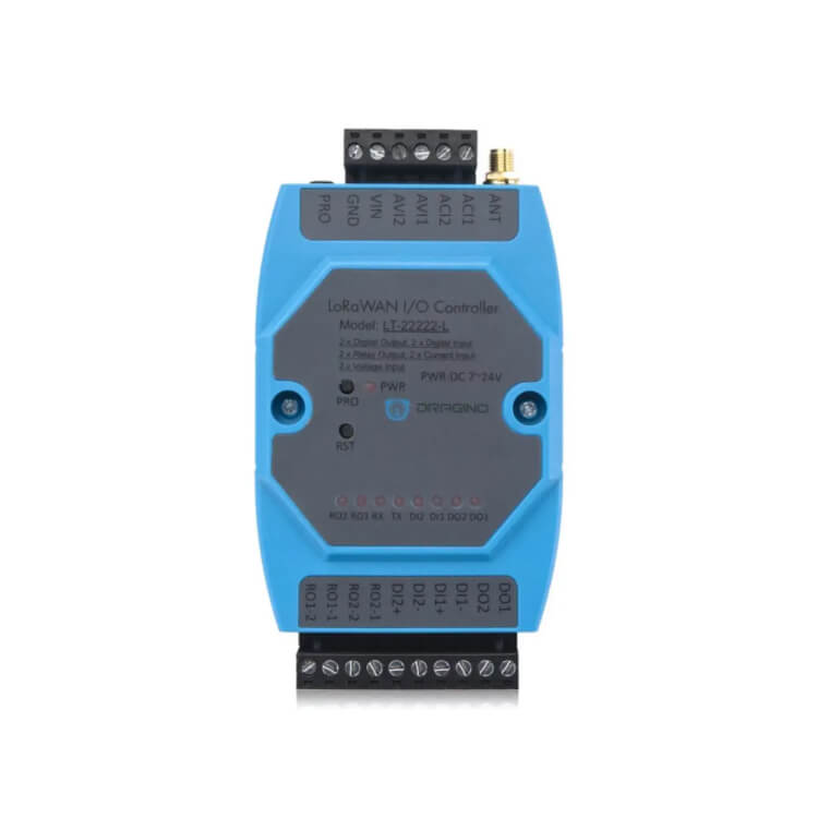 Dragino LT-22222-L industrial LoRaWAN I/O controller with analog, digital, and relay interfaces for building automation.