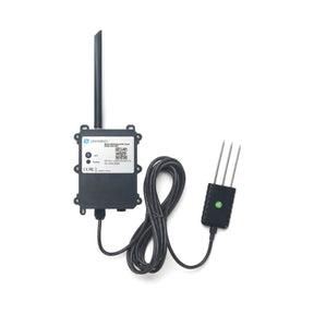 Dragino SE01 NB-IoT cellular soil sensor measuring moisture, conductivity, and temperature in an industrial enclosure.