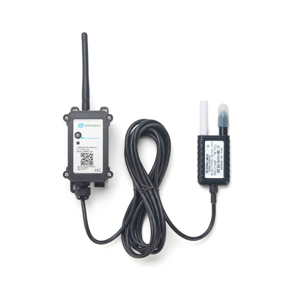 Dragino SPH01 LoRaWAN Soil pH and Temperature sensor with industrial IP68 waterproof probe for agricultural soil monitoring.
