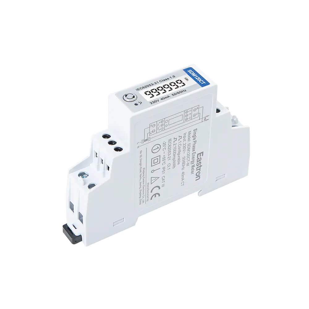 Eastron SDM120CT Series DIN rail single phase energy meter with Modbus, M-Bus, and Pulse output options.