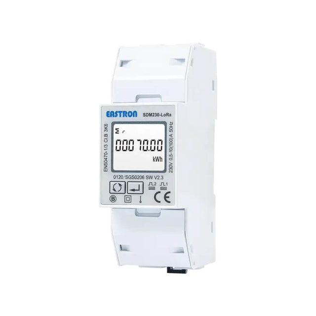 Eastron SDM230-LoRa single-phase LoRaWAN energy meter with 100A direct connection and MID certification.