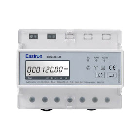 Eastron SDM530-LR LoRaWAN three-phase multifunction energy meter with 100A direct connection and remote relay control.