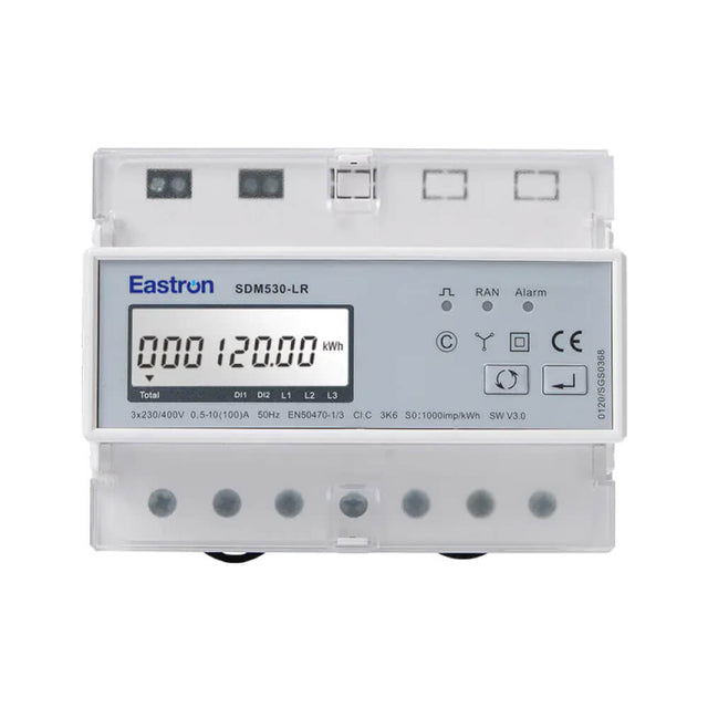 Eastron SDM530-LR LoRaWAN three-phase multifunction energy meter with 100A direct connection and remote relay control.
