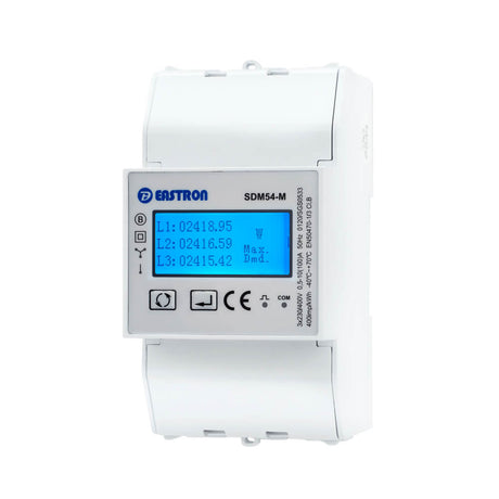 Eastron SDM54-M MID-certified three-phase 100A direct fed smart energy meter with RS485 Modbus.