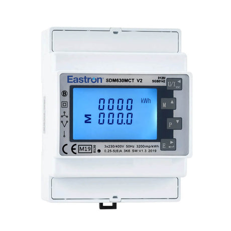 Eastron SDM630MCT three-phase CT-operated energy meter with MID certification for EV charging and industrial sub-metering.