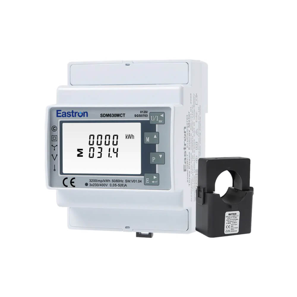 Eastron SDM630MCT three-phase CT-operated energy meter with MID certification for EV charging and industrial sub-metering.