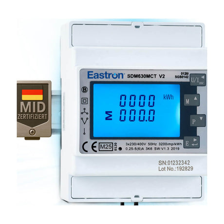 Eastron SDM630MCT three-phase CT-operated energy meter with MID certification for EV charging and industrial sub-metering.