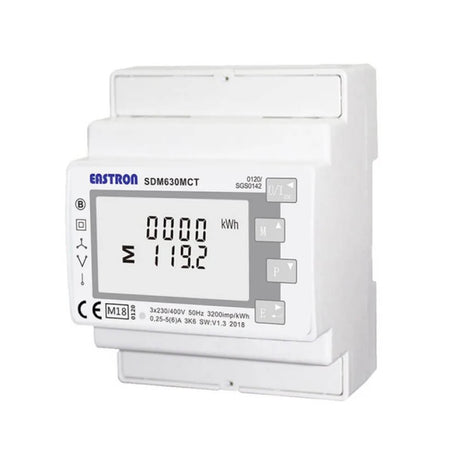 Eastron SDM630MCT three-phase CT-operated energy meter with MID certification for EV charging and industrial sub-metering.