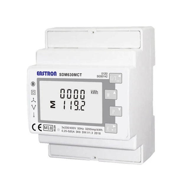 Eastron SDM630MCT three-phase CT-operated energy meter with MID certification for EV charging and industrial sub-metering.