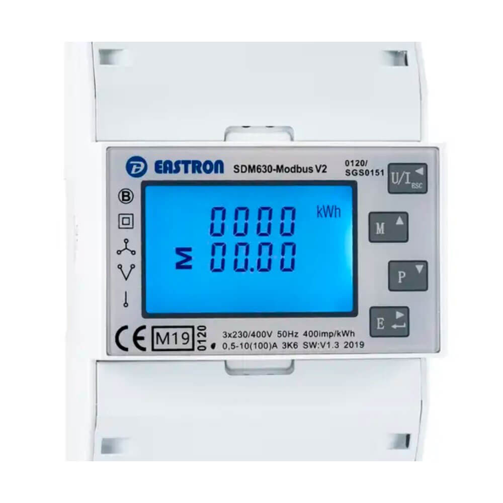 Eastron SDM630-Modbus V2 DIN rail three-phase 100A direct-fed energy meter with MID certification and RS485.