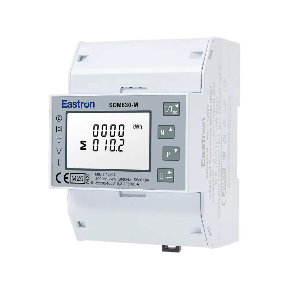 Eastron SDM630-Modbus V2 DIN rail three-phase 100A direct-fed energy meter with MID certification and RS485.