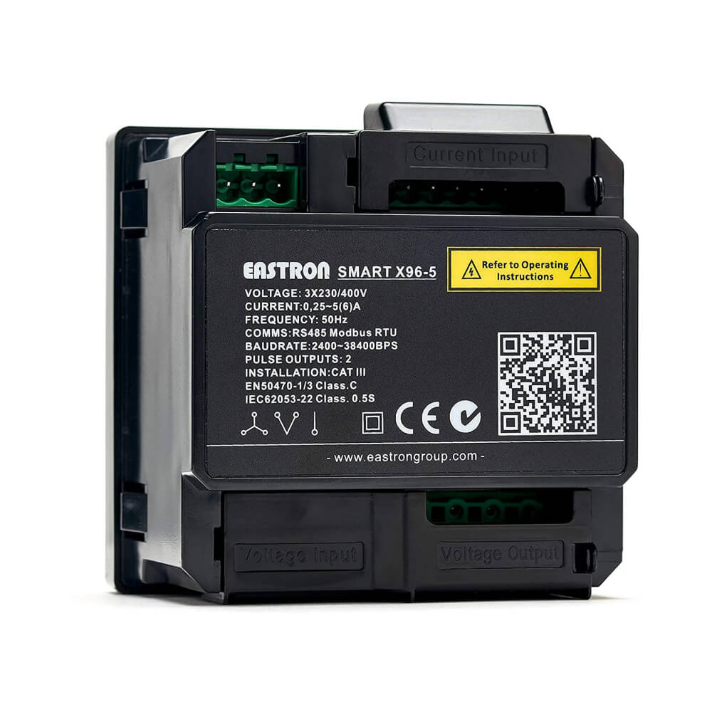 Eastron SMART X96-5 panel-mounted three-phase multifunction energy meter with MID certification and Modbus RS485.